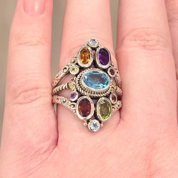 Sterling 18K Large Gemstone Ring, Bali Style Filigree Size 8.5 Rainbow Multigem - Picture 5 of 17